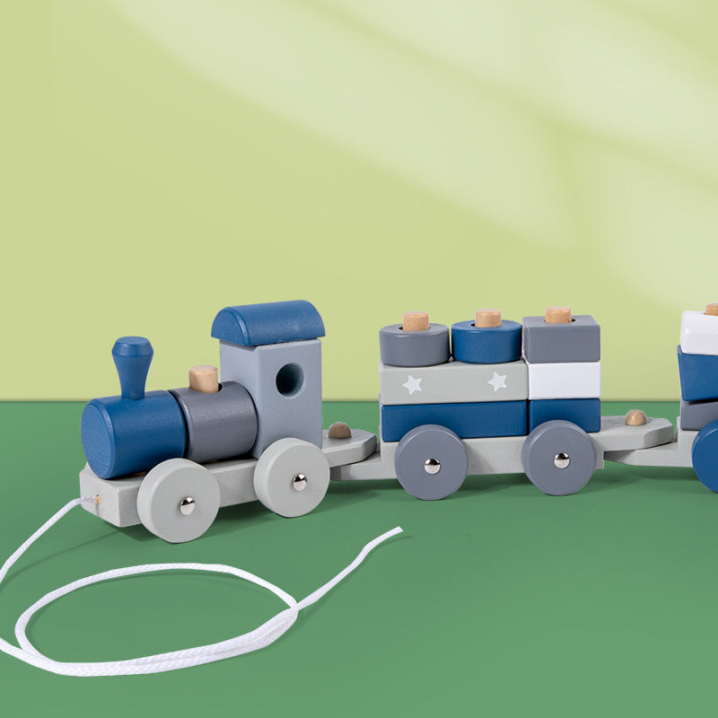 Children's wooden detachable building blocks small train dragging rope column assembly rail car puzzle Christmas toy gift