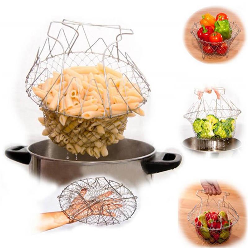 Foldable Steam Rinse Strain Fry Chef Basket Magic Mesh Basket Strainer Net Kitchen Cooking Tool Multifunction