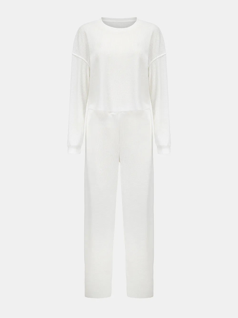 Waffle-Knit Round Neck Top and Pants Set