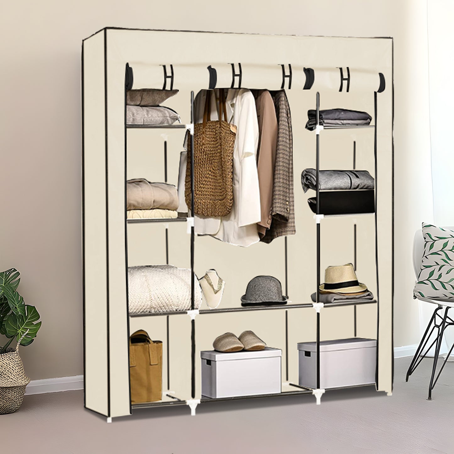 Fabric Canvas Wardrobe Clothes Storage Cupboard Hanging Rail Shelving Practical