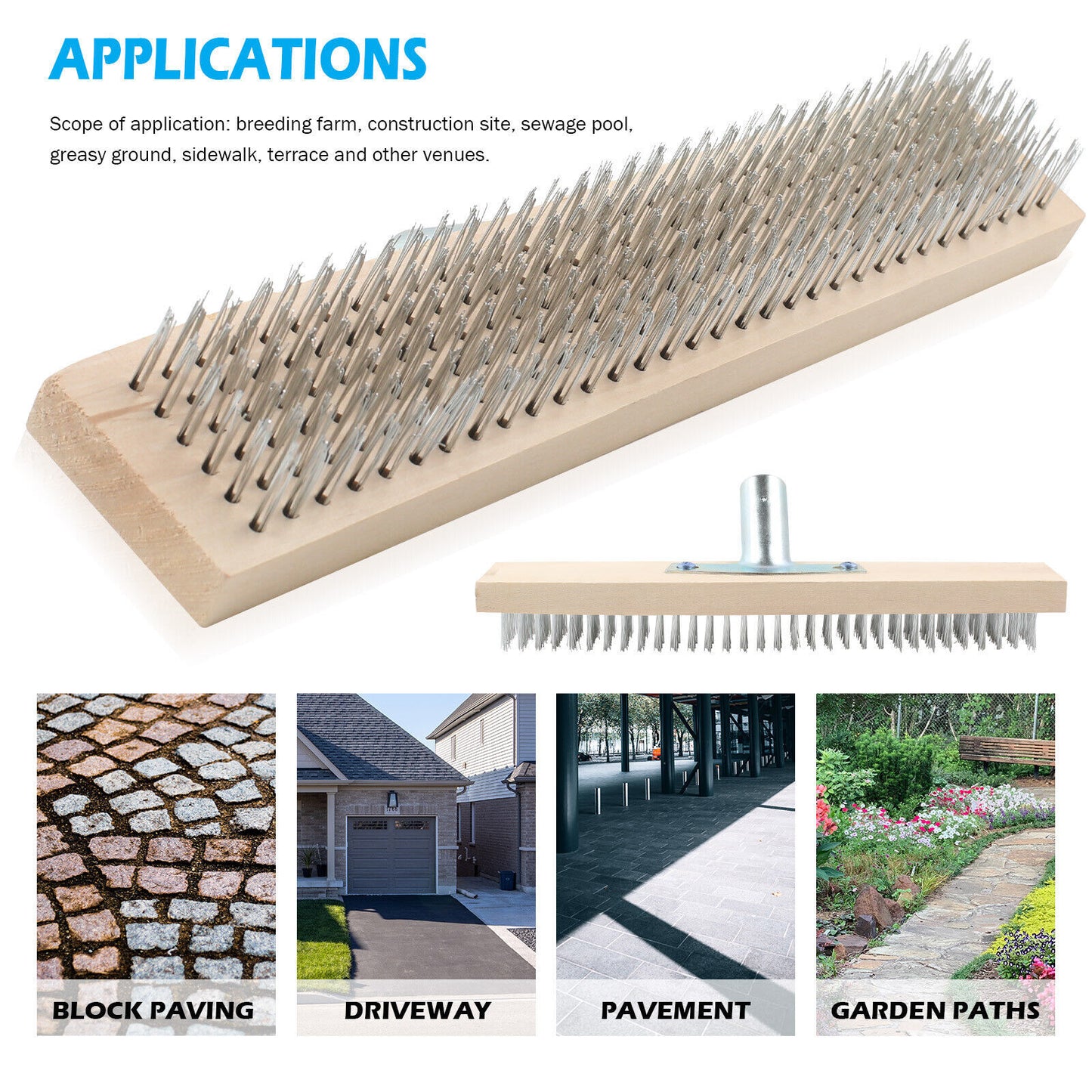Wire Broom Head Metal Bristle Brush Outdoor Patio Cleaner Moss Algae Remover