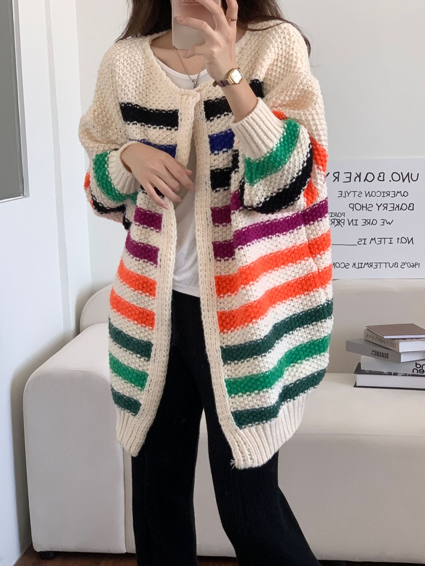 Lazy style contrasting color knitted cardigan sweater jacket imitation handmade hook knitted cardigan