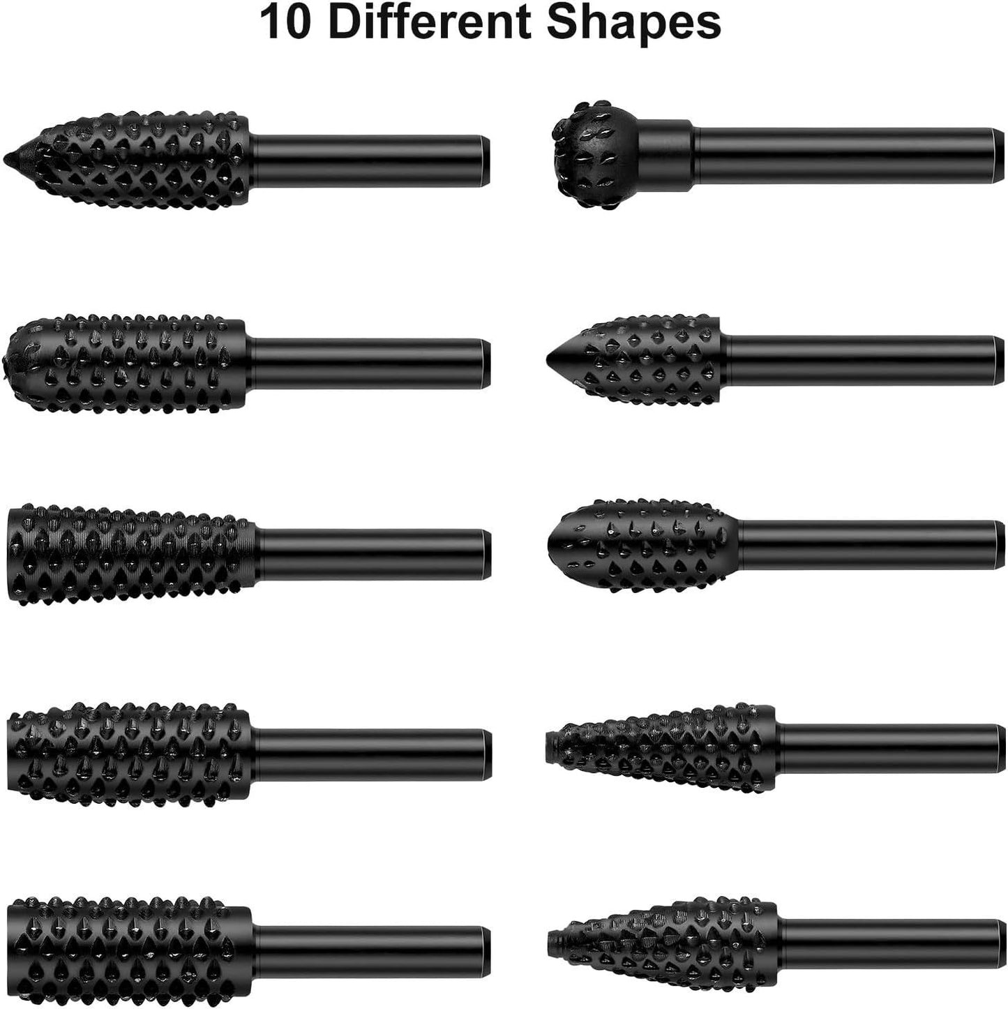 10PCS Wood Carving Rasp File Drill Bit, 1 -4inch Shank Rotary Burr Power Carving Tools For Wood Engraving Grinding
