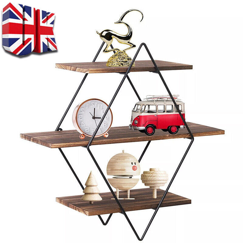 3 Tiered Floating Wall Mounted Display Shelf Wooden Shelves Black Frame Shelving