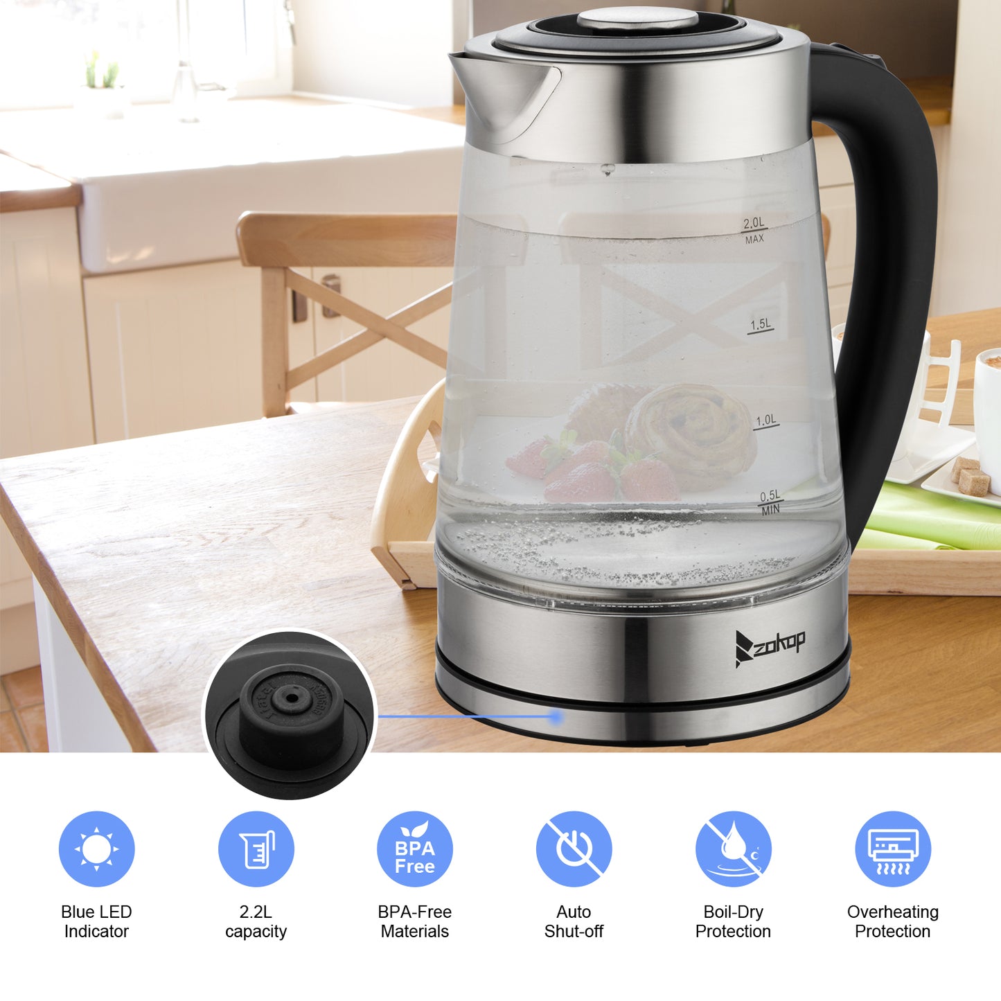 【Old Code:42128382】 HD-250 220V 2000W 2L Blue Glass Electric Kettle