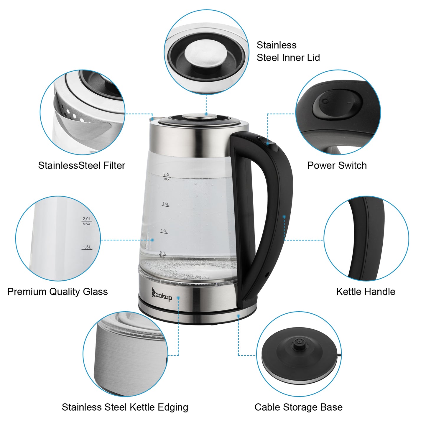 【Old Code:42128382】 HD-250 220V 2000W 2L Blue Glass Electric Kettle