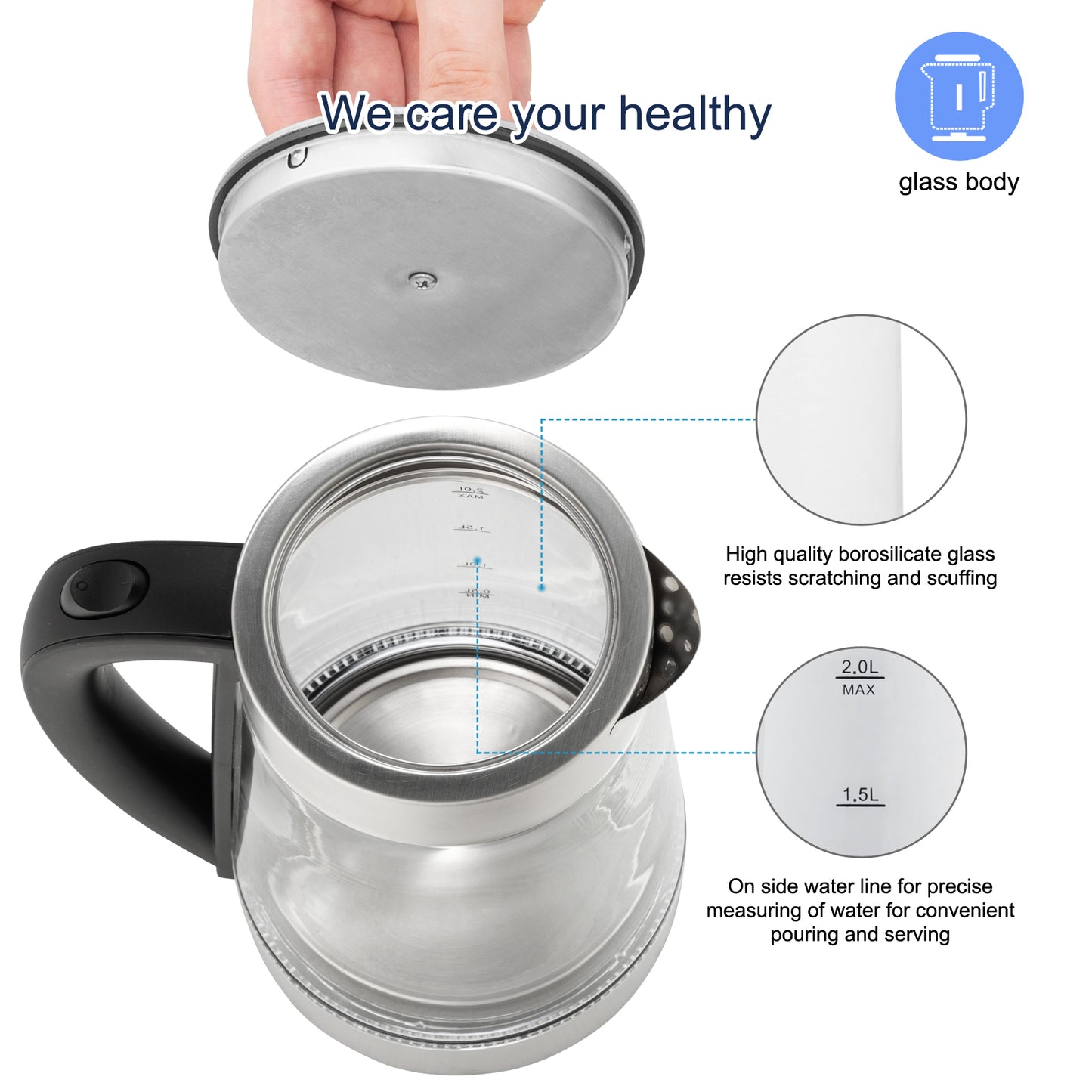 【Old Code:42128382】 HD-250 220V 2000W 2L Blue Glass Electric Kettle