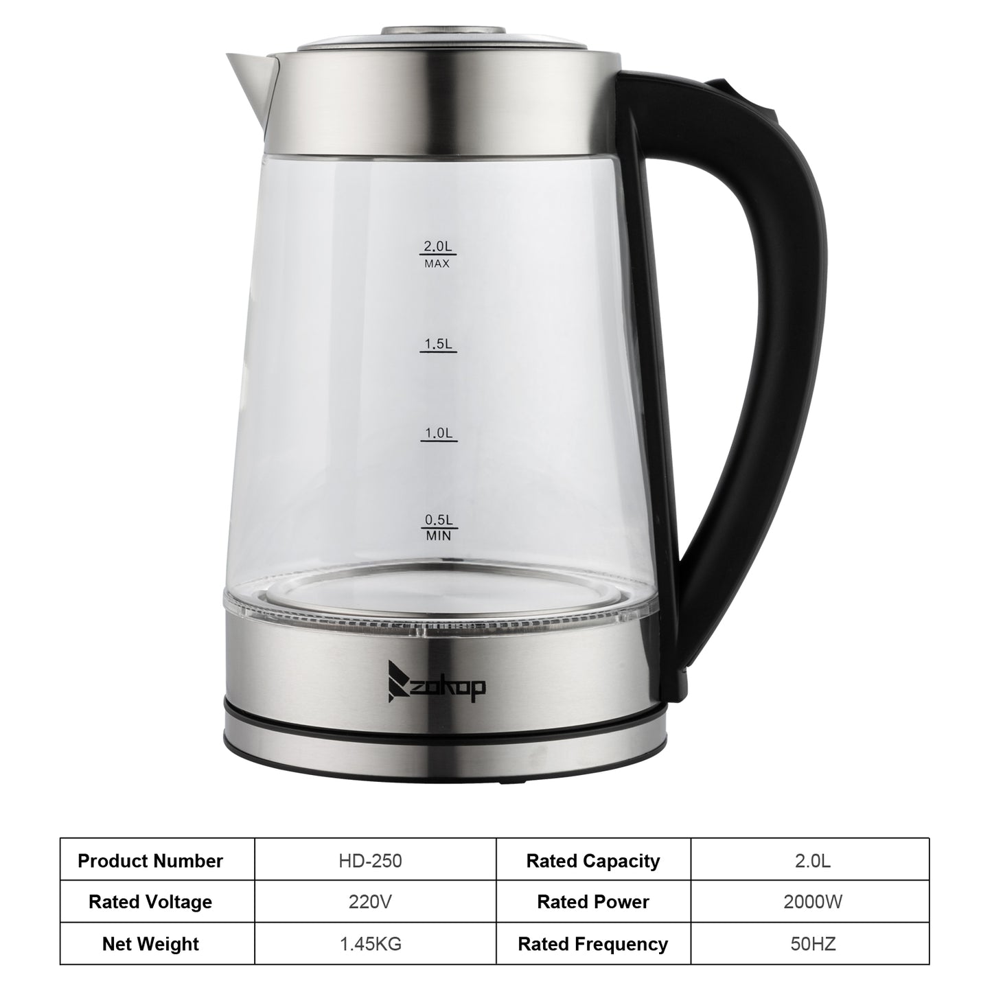 【Old Code:42128382】 HD-250 220V 2000W 2L Blue Glass Electric Kettle