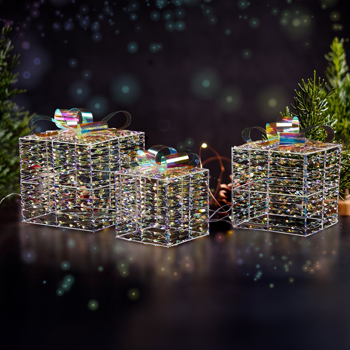 Lighted Iridescent Gift Boxes Set of 3, Pre-lit Nestable Present Boxes Ornament with 140 LED White Lights and Stakes for Christmas Outdoor Indoor Decor Lighted Holiday Displays