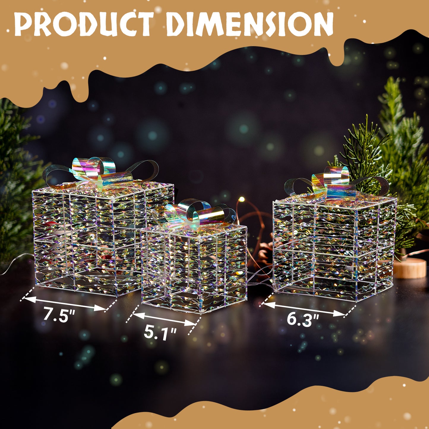 Lighted Iridescent Gift Boxes Set of 3, Pre-lit Nestable Present Boxes Ornament with 140 LED White Lights and Stakes for Christmas Outdoor Indoor Decor Lighted Holiday Displays
