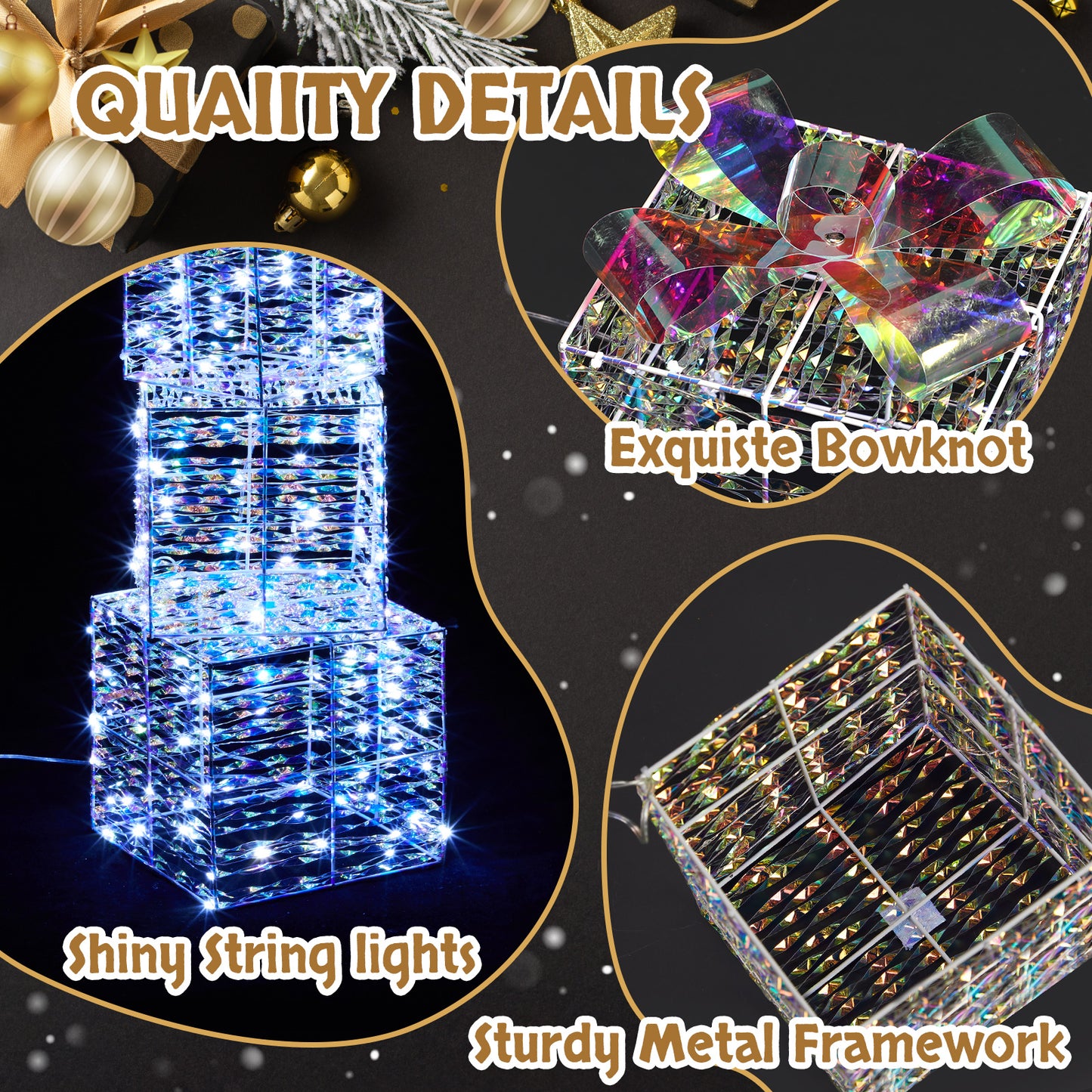 Lighted Iridescent Gift Boxes Set of 3, Pre-lit Nestable Present Boxes Ornament with 140 LED White Lights and Stakes for Christmas Outdoor Indoor Decor Lighted Holiday Displays