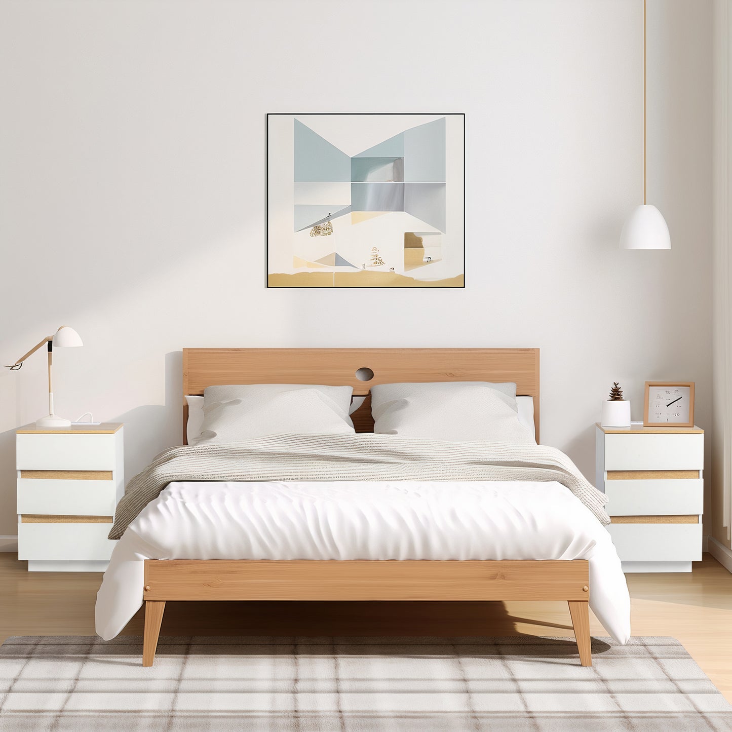 Embossed White + Embossed Oak E1 Particleboard 12MM Handle-free 38*32*56cm 3 drawers Bedside table British standard socket 1pc