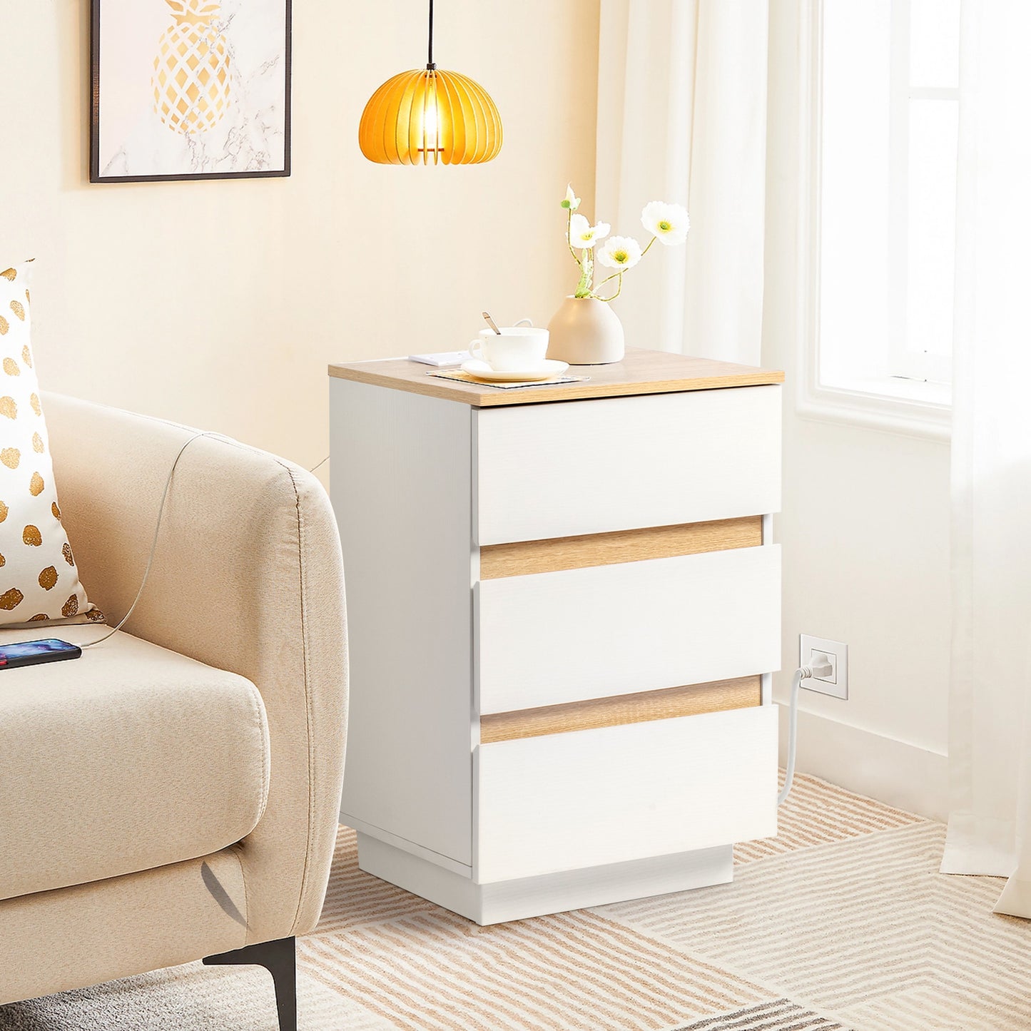 Embossed White + Embossed Oak E1 Particleboard 12MM Handle-free 38*32*56cm 3 drawers Bedside table British standard socket 1pc