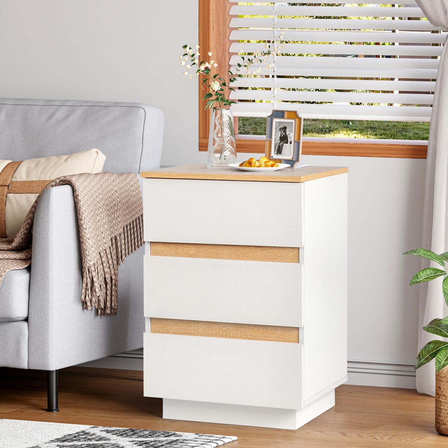 Embossed White + Embossed Oak E1 Particleboard 12MM Handle-free 38*32*56cm 3 drawers Bedside table British standard socket 1pc