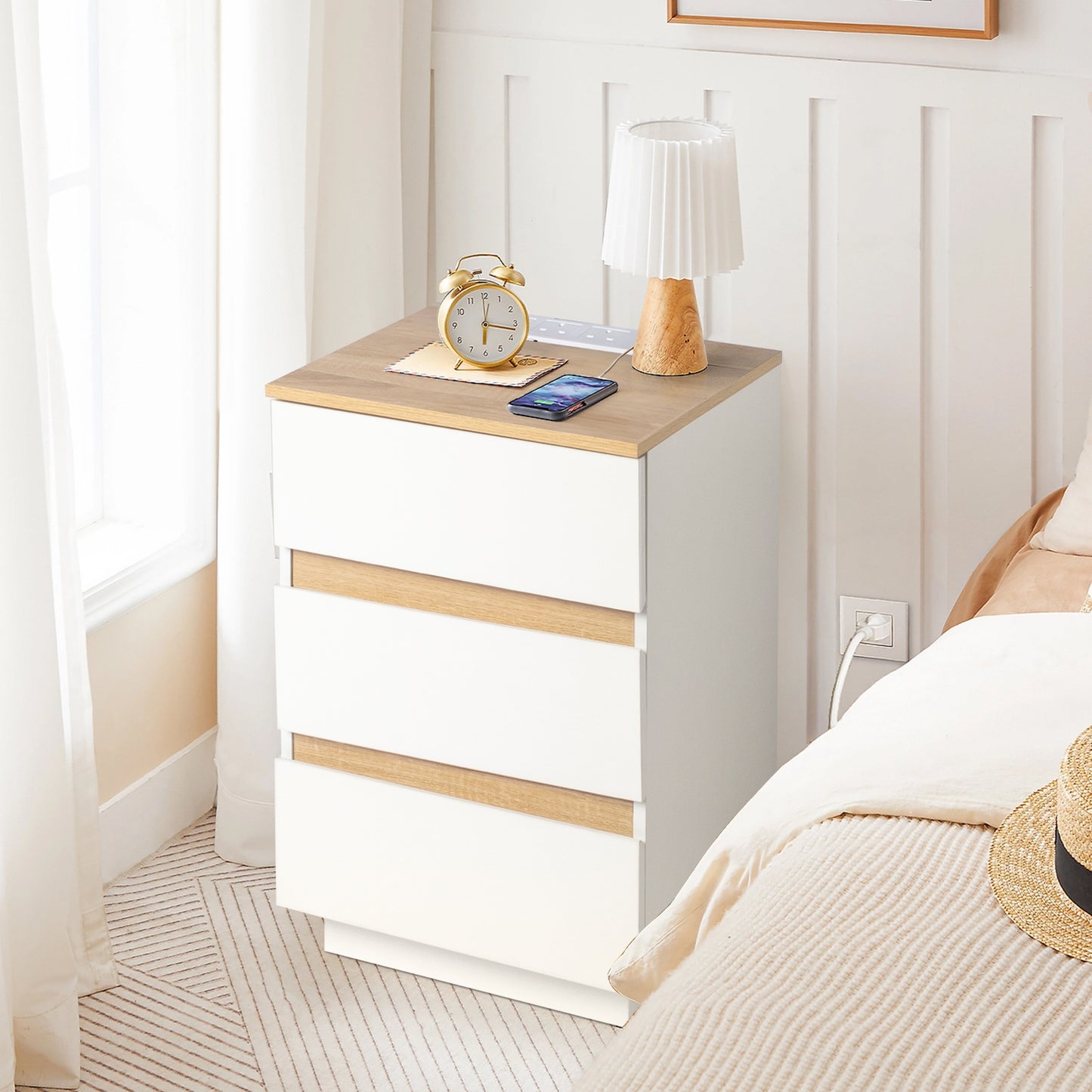 Embossed White + Embossed Oak E1 Particleboard 12MM Handle-free 38*32*56cm 3 drawers Bedside table British standard socket 1pc