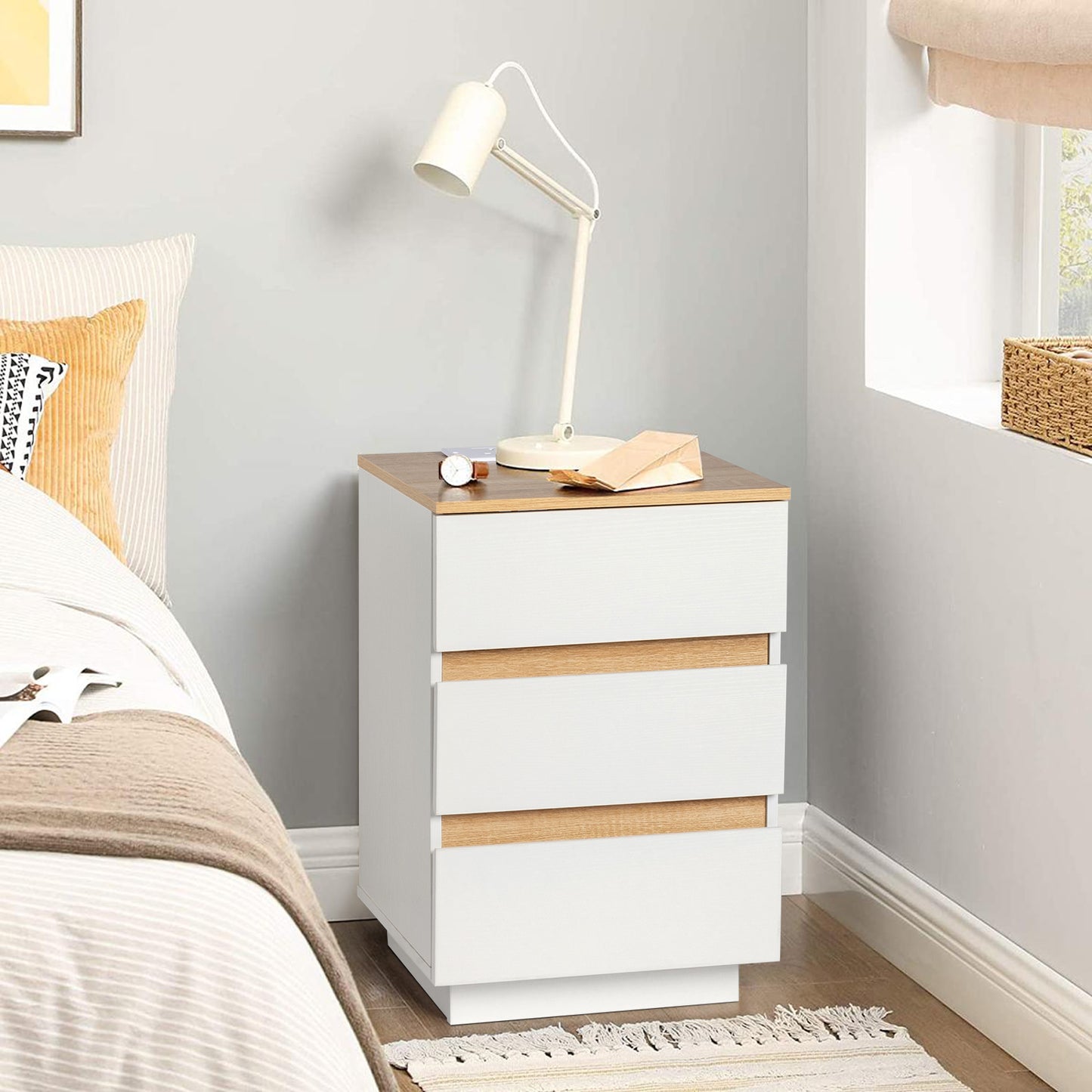 Embossed White + Embossed Oak E1 Particleboard 12MM Handle-free 38*32*56cm 3 drawers Bedside table British standard socket 1pc