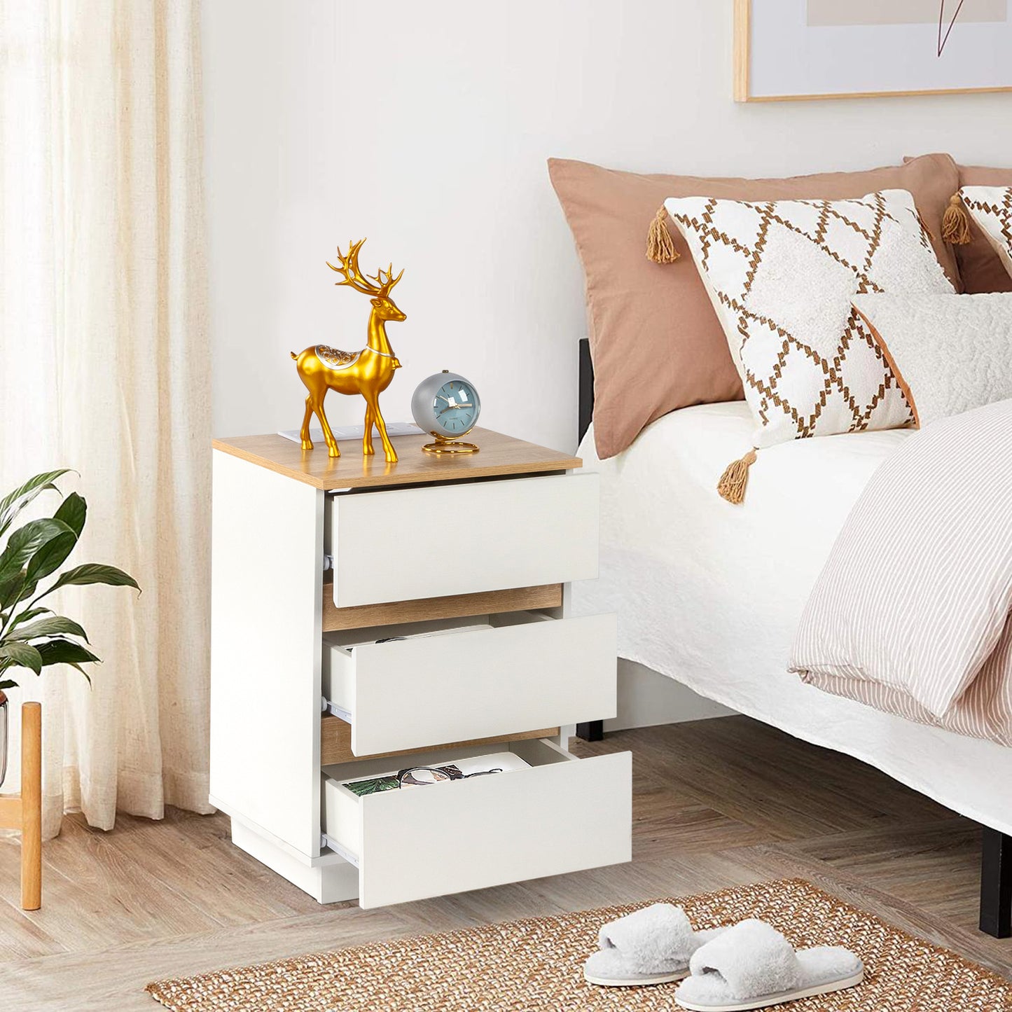 Embossed White + Embossed Oak E1 Particleboard 12MM Handle-free 38*32*56cm 3 drawers Bedside table British standard socket 1pc