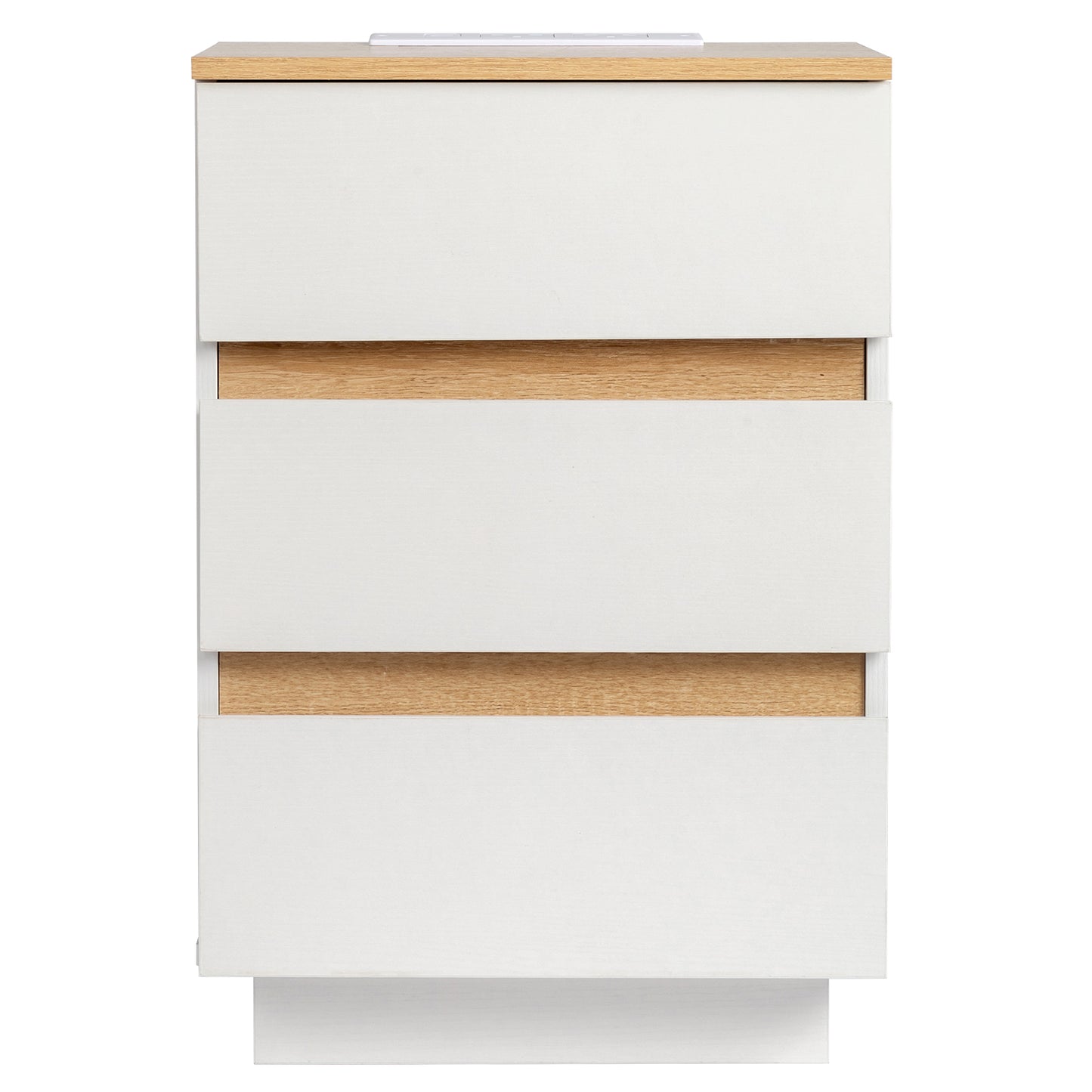 Embossed White + Embossed Oak E1 Particleboard 12MM Handle-free 38*32*56cm 3 drawers Bedside table British standard socket 1pc