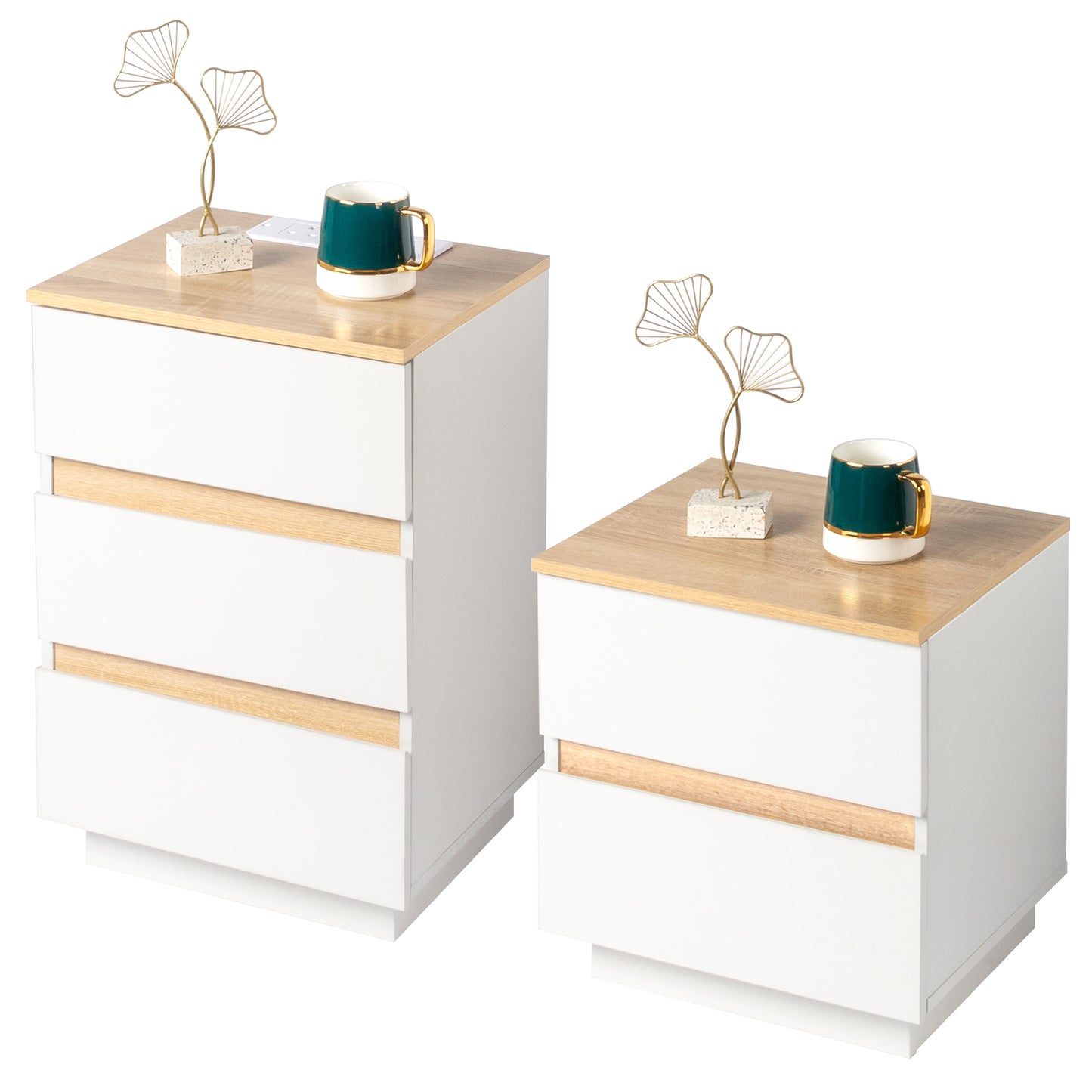 Embossed White + Embossed Oak E1 Particleboard 12MM Handle-free 38*32*56cm 3 drawers Bedside table British standard socket 1pc