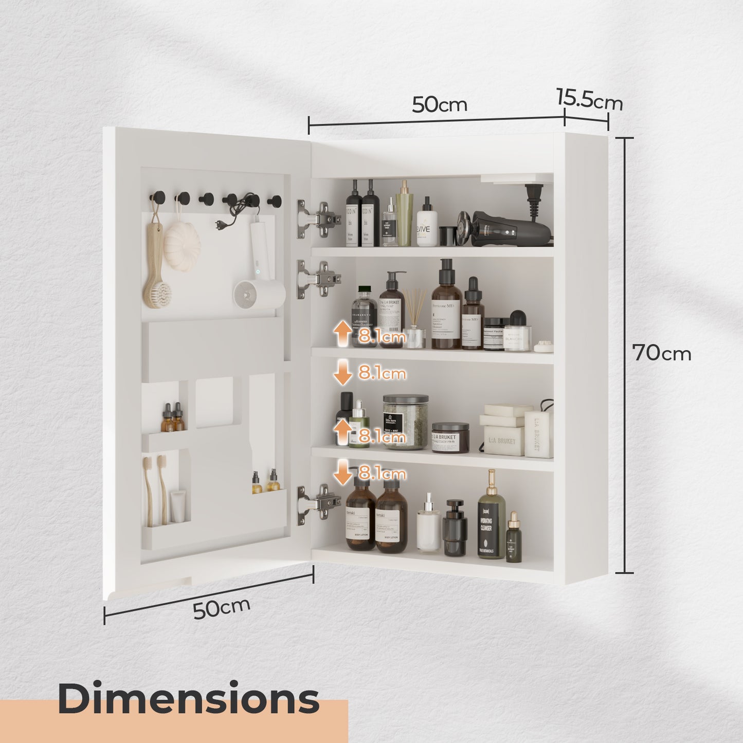 White LED Mirror Cabinet (20*28 inches),1 Door, 4 Shelves, with Time & Temperature Display, Three-color Lighting, Adjustable Brightness, Power-off Memory