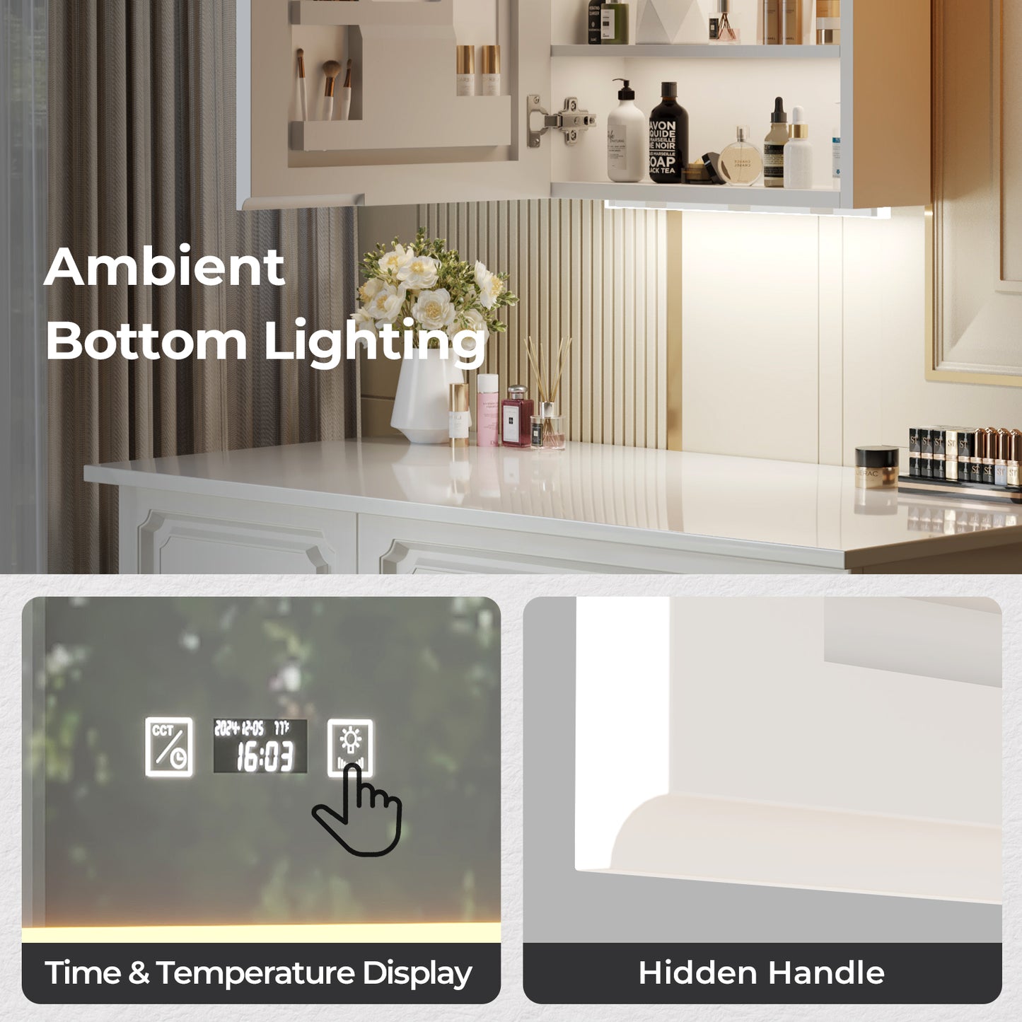 White LED Mirror Cabinet (20*28 inches),1 Door, 4 Shelves, with Time & Temperature Display, Three-color Lighting, Adjustable Brightness, Power-off Memory