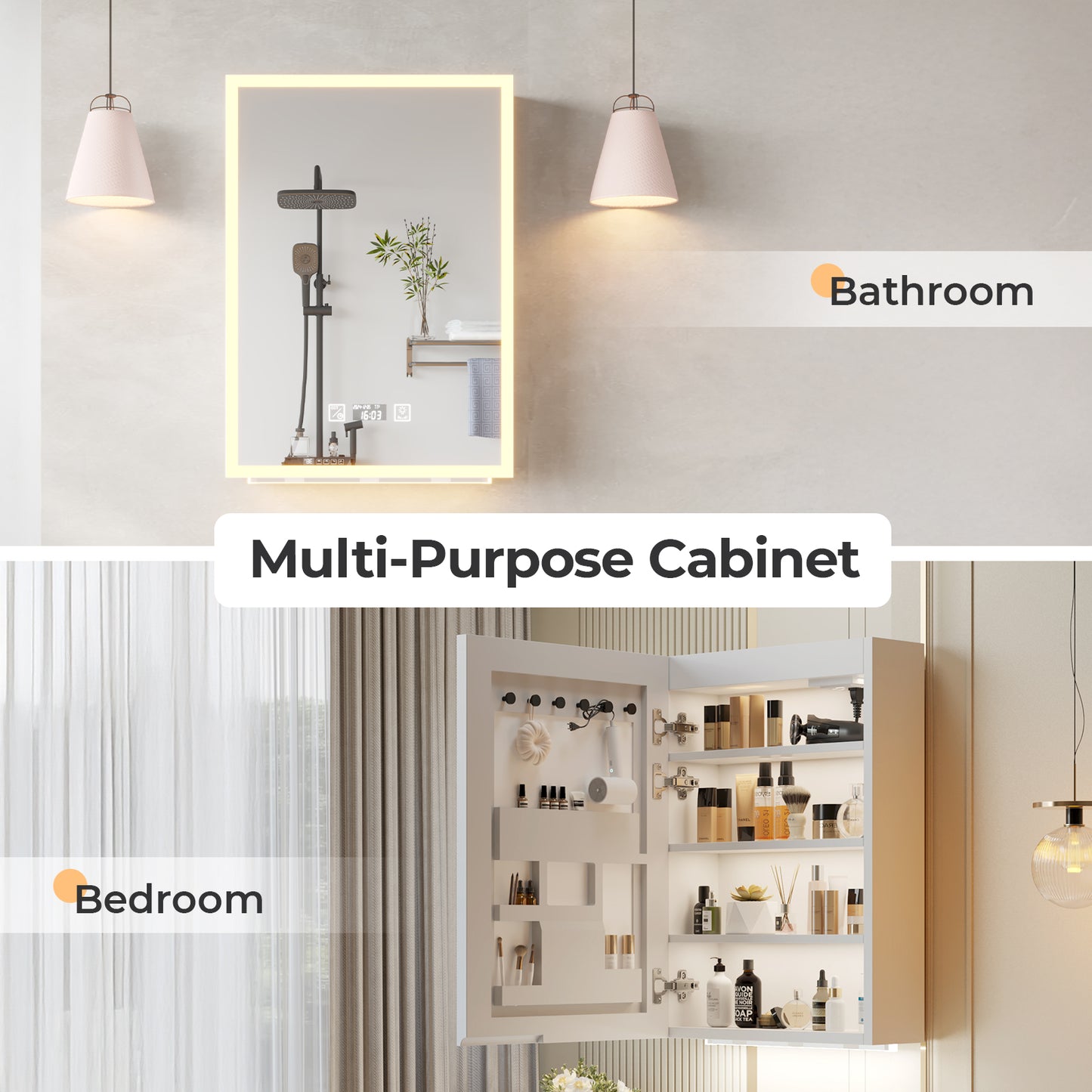 White LED Mirror Cabinet (20*28 inches),1 Door, 4 Shelves, with Time & Temperature Display, Three-color Lighting, Adjustable Brightness, Power-off Memory