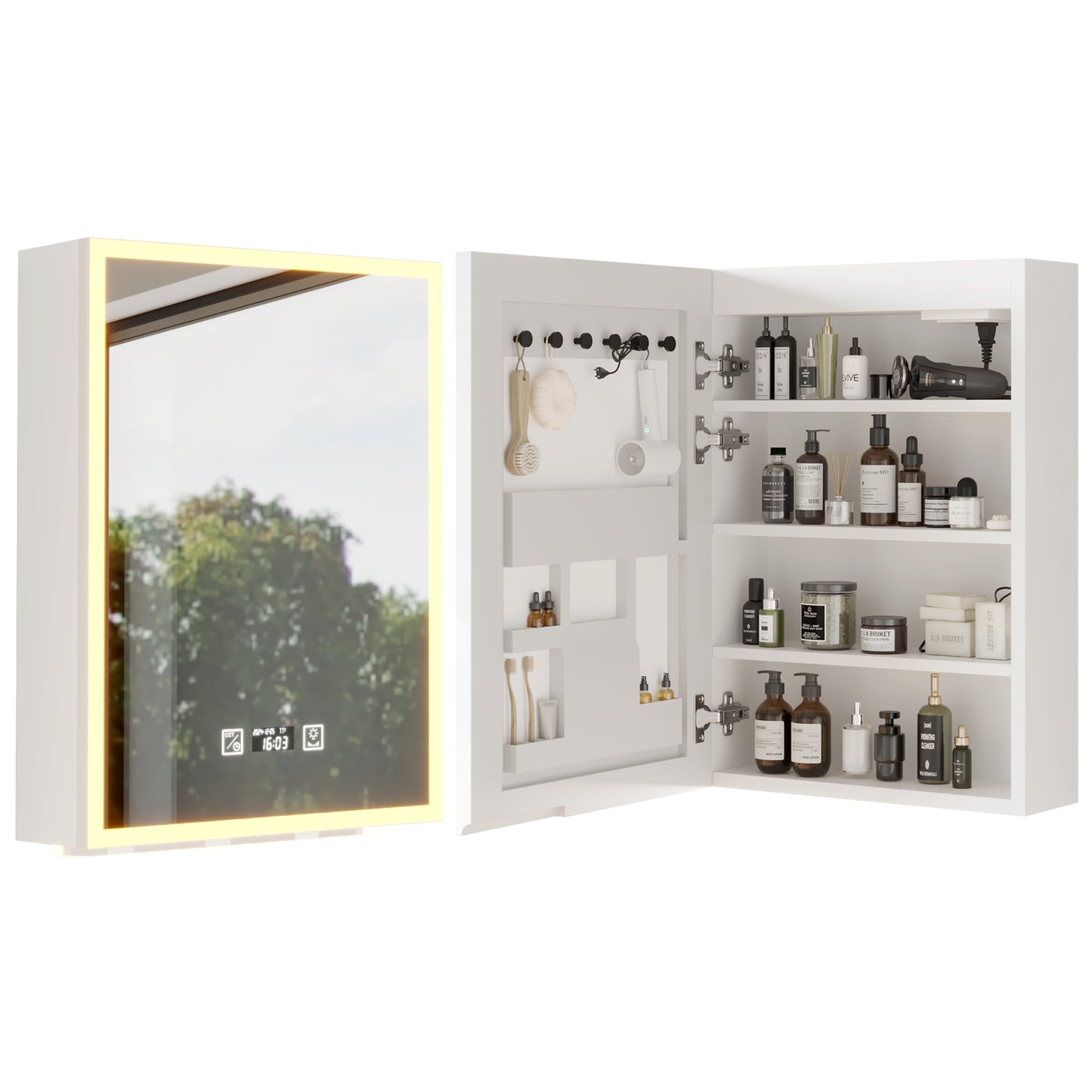 White LED Mirror Cabinet (20*28 inches),1 Door, 4 Shelves, with Time & Temperature Display, Three-color Lighting, Adjustable Brightness, Power-off Memory