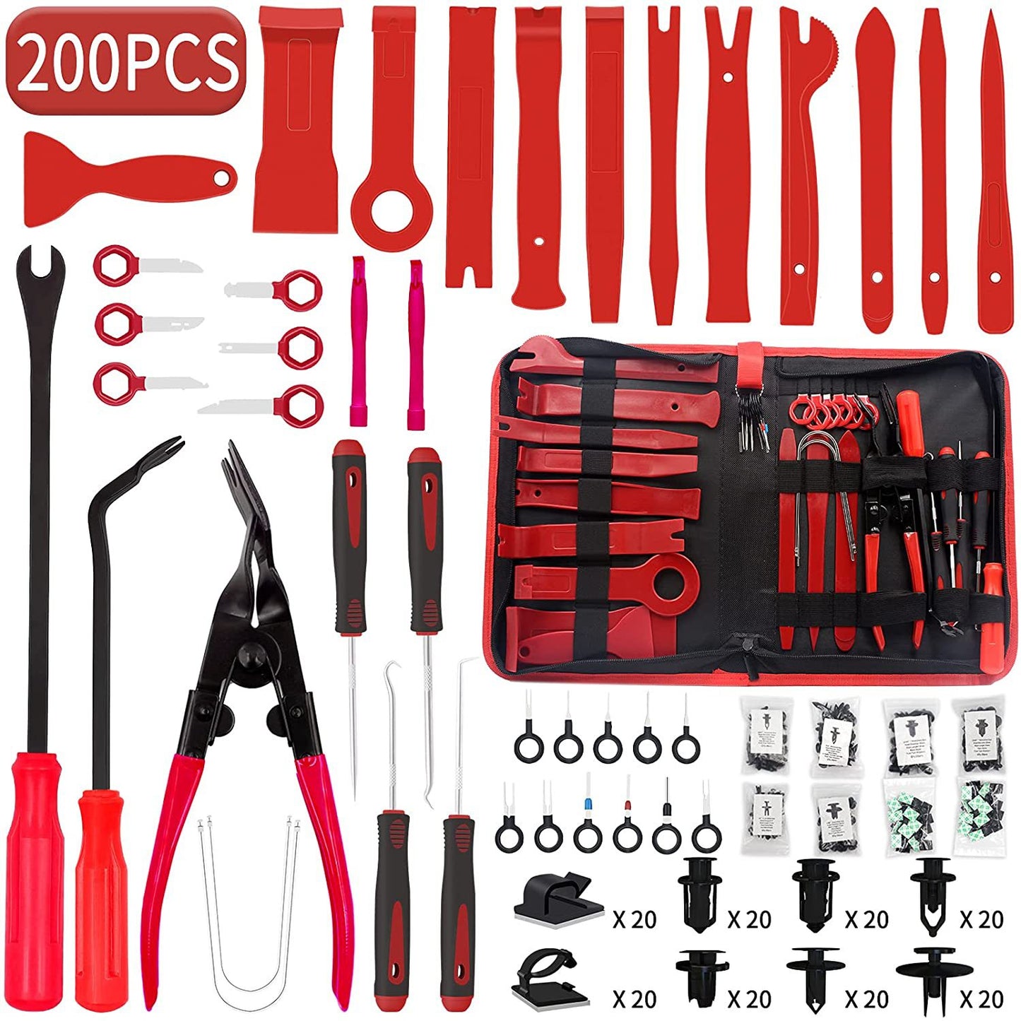 200PCS Trim Tool Auto Removal Kit, Trim Removal Kit for Car/Trim/Panel/Door/Audio/Auto Clip Pliers (Red)