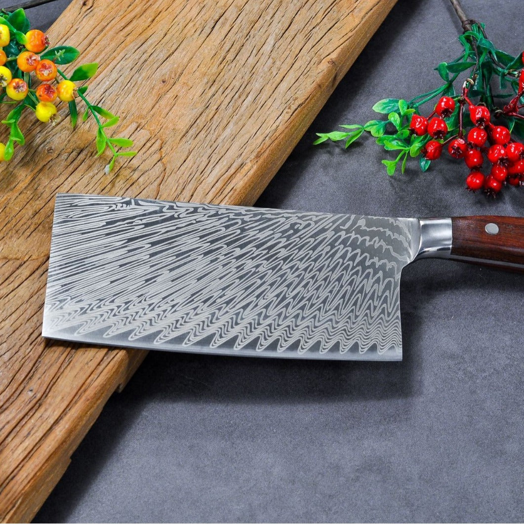 Wooden Handle Kitchen Butcher Cleaver Chef Knife 9cr18 Layers Damascus Carbon Steel
