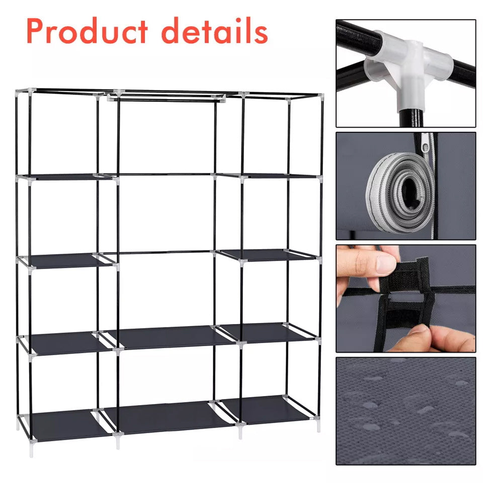Fabric Canvas Wardrobe Clothes Storage Cupboard Hanging Rail Shelving Practical