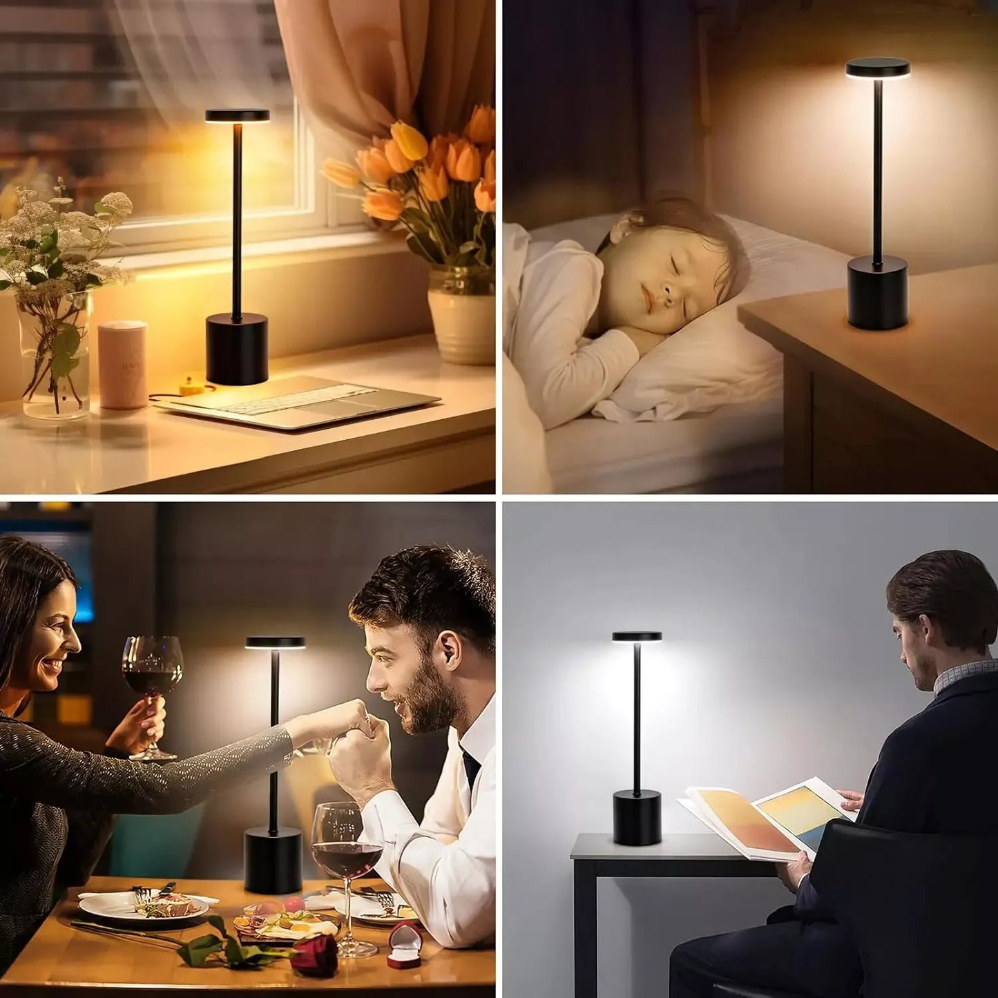 Touch Control Metal Table Desk Lamp Rechargeable Cordless Dimmable Light Black