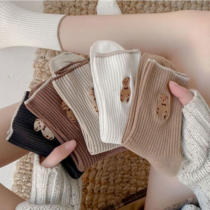 Women's Cute Bear Cotton Socks Comfortable Soft Crew Breathable Sports Sock Cartoon Short Sock Middle Tube Socks 6 pairs
