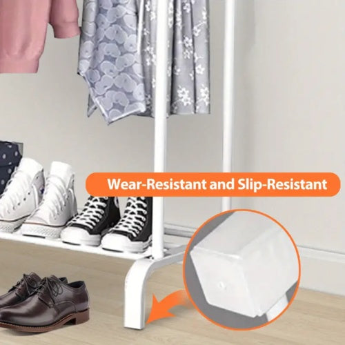 Multifunctional Coat Clothing Double Rod Hanger With Shelf Freestanding White