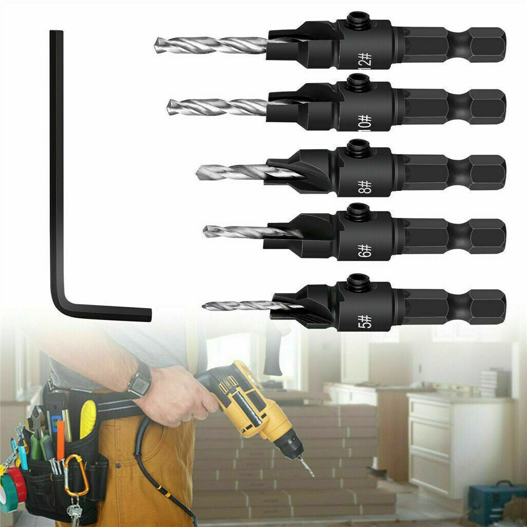 6PCS HSS Countersink Drill Bit Set Hex Shank Woodworking Pilot Screw Holes
