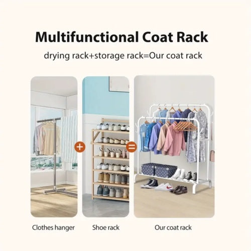 Multifunctional Coat Clothing Double Rod Hanger With Shelf Freestanding White