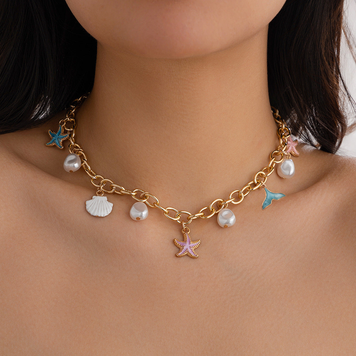 Ocean style fish tail imitation pearl tassel necklace necklaces beach starfish shell pendant accessories