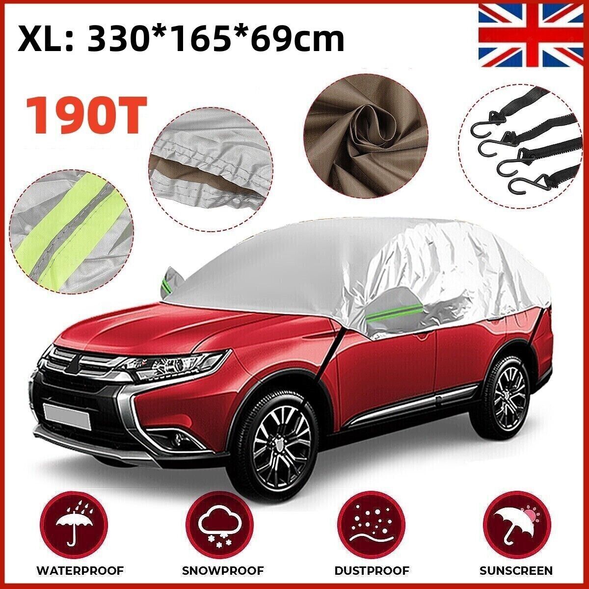 Half Car Cover Top Roof Sun UV Rain Protection Waterproof Outdoor Universal 190T