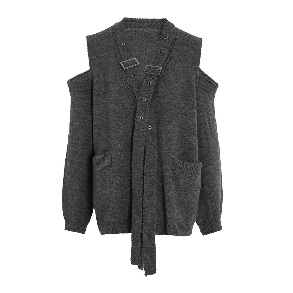 Off shoulder loop with V-neck knitted cardigan women's trendy silhouette single breasted long sleeved gray knitted top