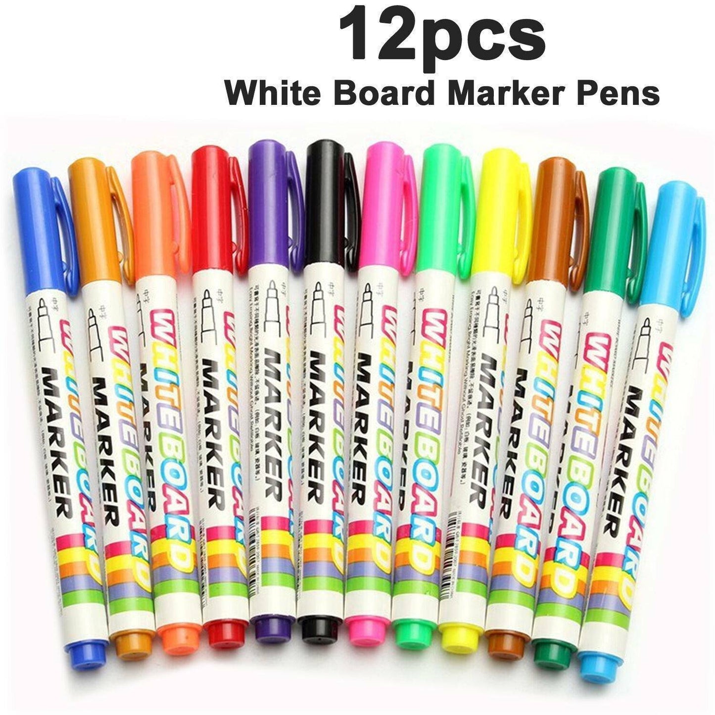 12 X Mixed Colour White Board Pens Bright Markers Fine Bullet Tip Easy Dry Wipe