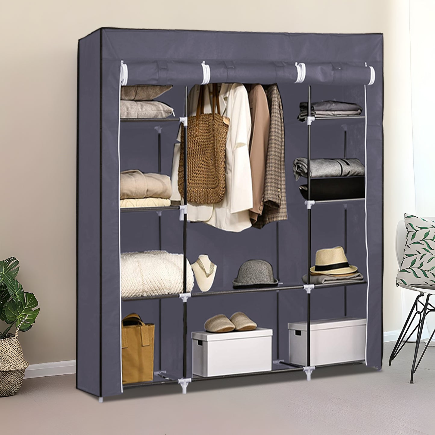 Fabric Canvas Wardrobe Clothes Storage Cupboard Hanging Rail Shelving Practical