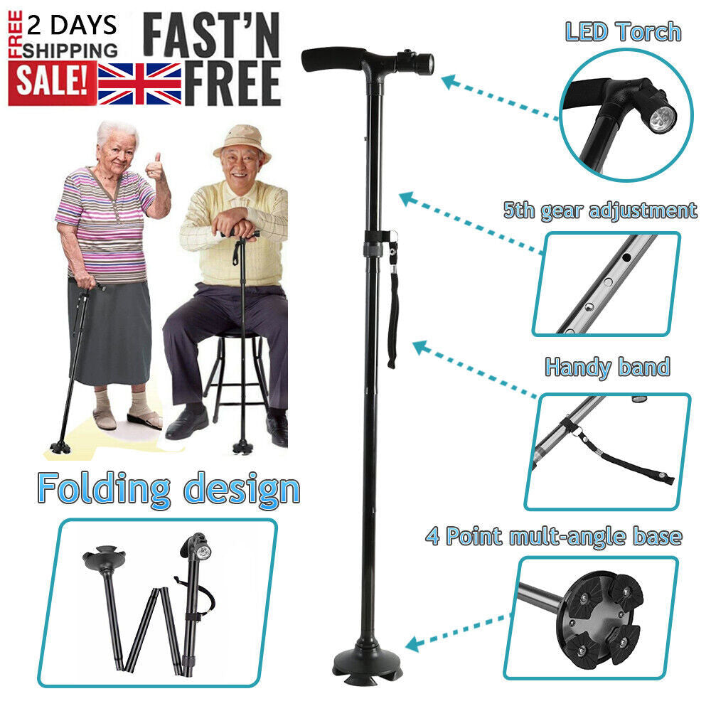 Collapsible Safety LED Walking Stick Adjustable Travel Hiking Cane Trekking Pole