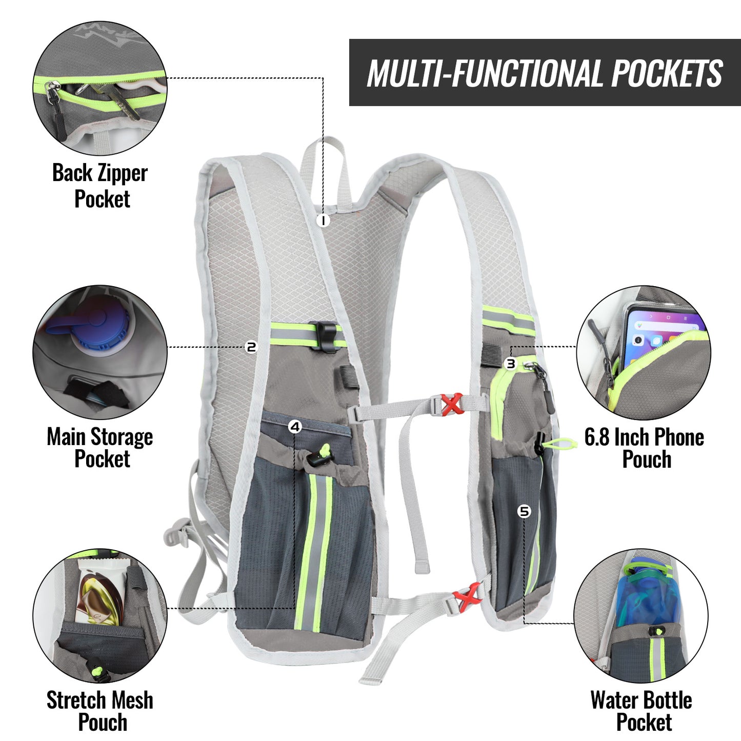 Nepfaivy Running Vest Hydration Backpack - Lightweight And Reflective Running Hydration Vest With Multi-pouches, Breathable And Adjustable Running Backpacks For Outdoor Running Cycling Climbing