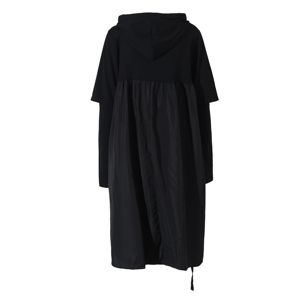 Black pullover hooded dress with female hollow out design long sleeved loose drawstring side slit skirt