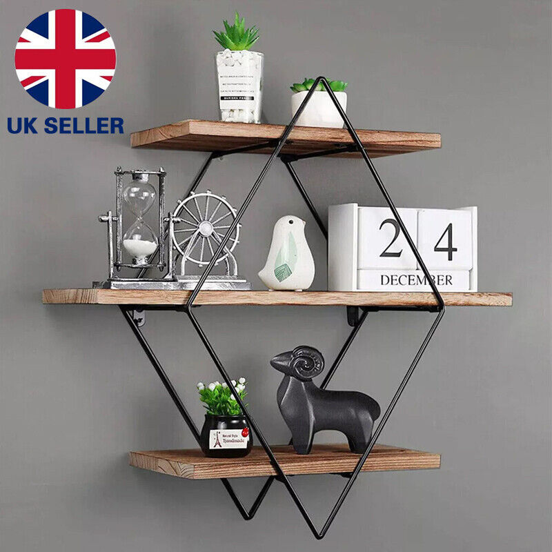 3 Tiered Floating Wall Mounted Display Shelf Wooden Shelves Black Frame Shelving
