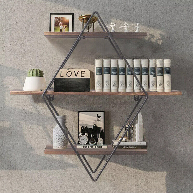 3 Tiered Floating Wall Mounted Display Shelf Wooden Shelves Black Frame Shelving