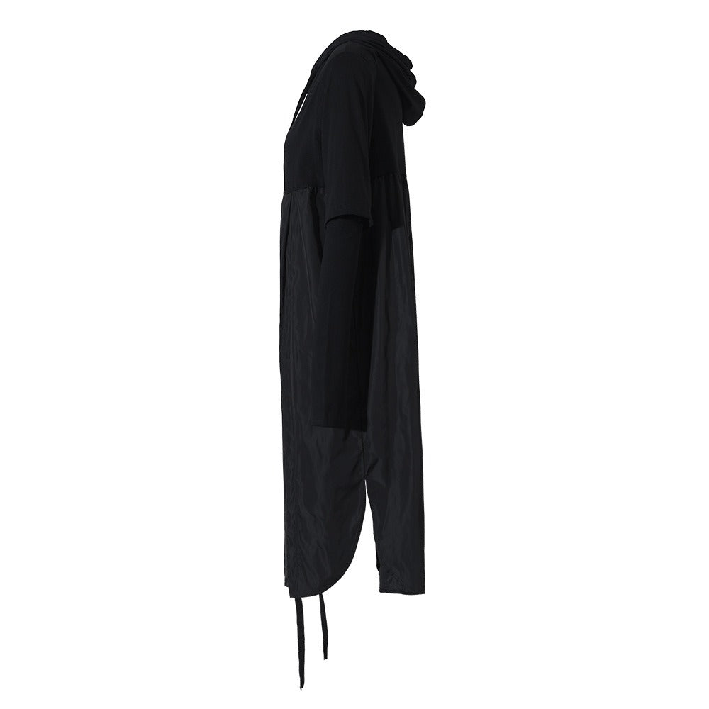 Black pullover hooded dress with female hollow out design long sleeved loose drawstring side slit skirt