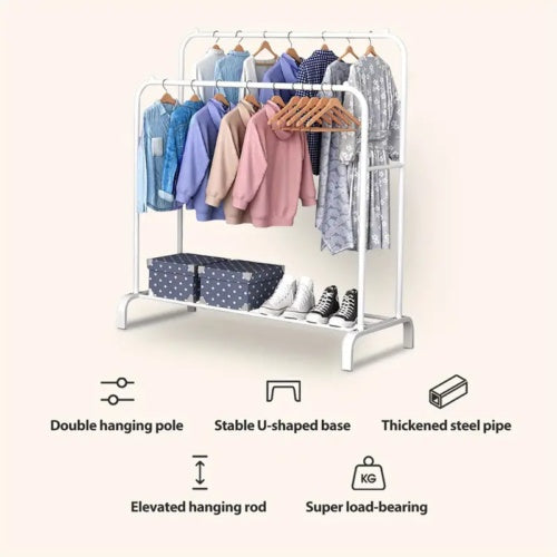 Multifunctional Coat Clothing Double Rod Hanger With Shelf Freestanding White