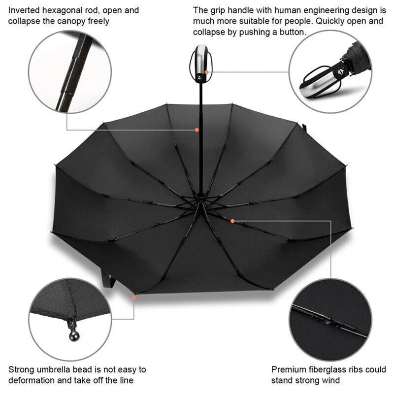 10 Ribs Strong Automatic Umbrella Windproof Stormproof Compact Folding Umbrella