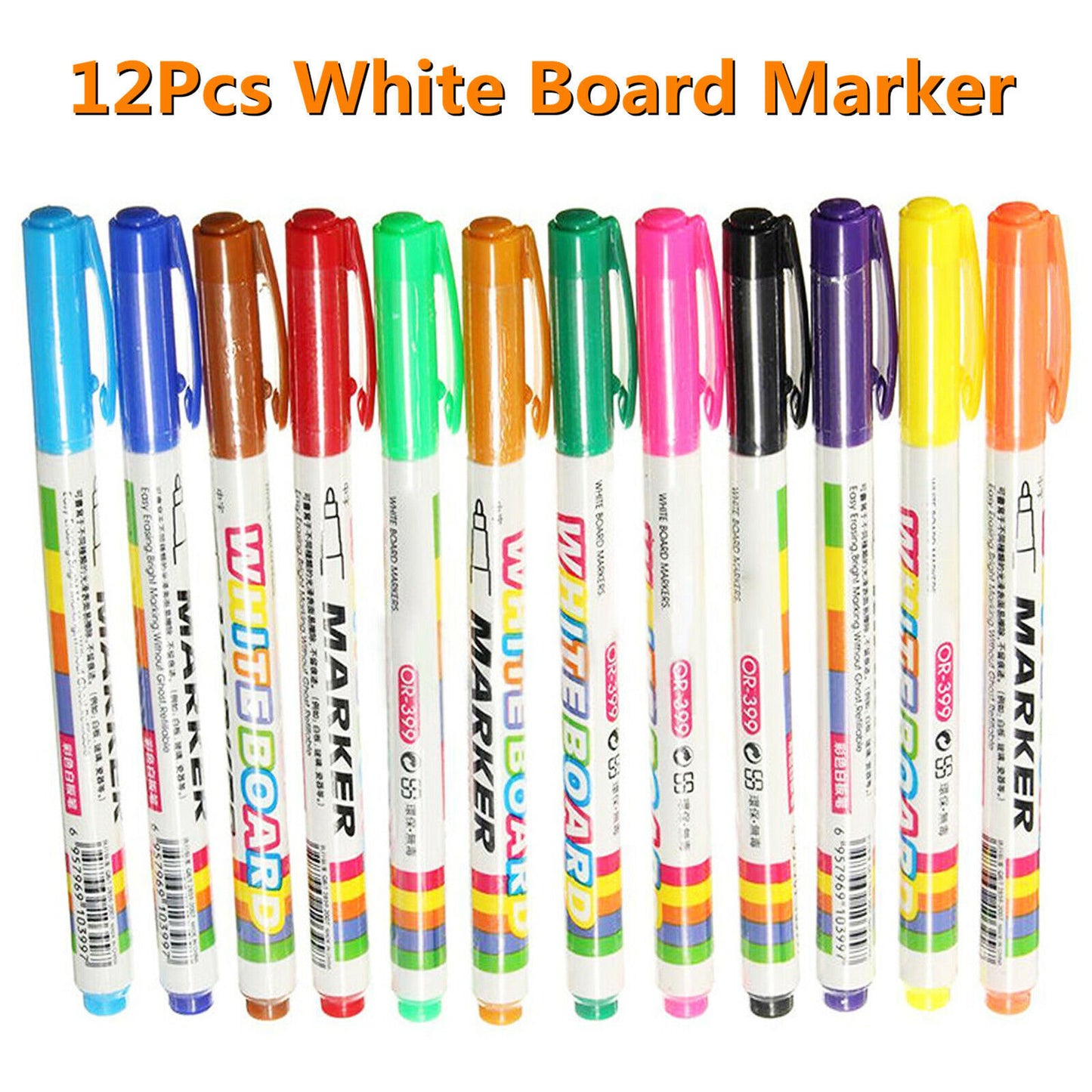 12 X Mixed Colour White Board Pens Bright Markers Fine Bullet Tip Easy Dry Wipe