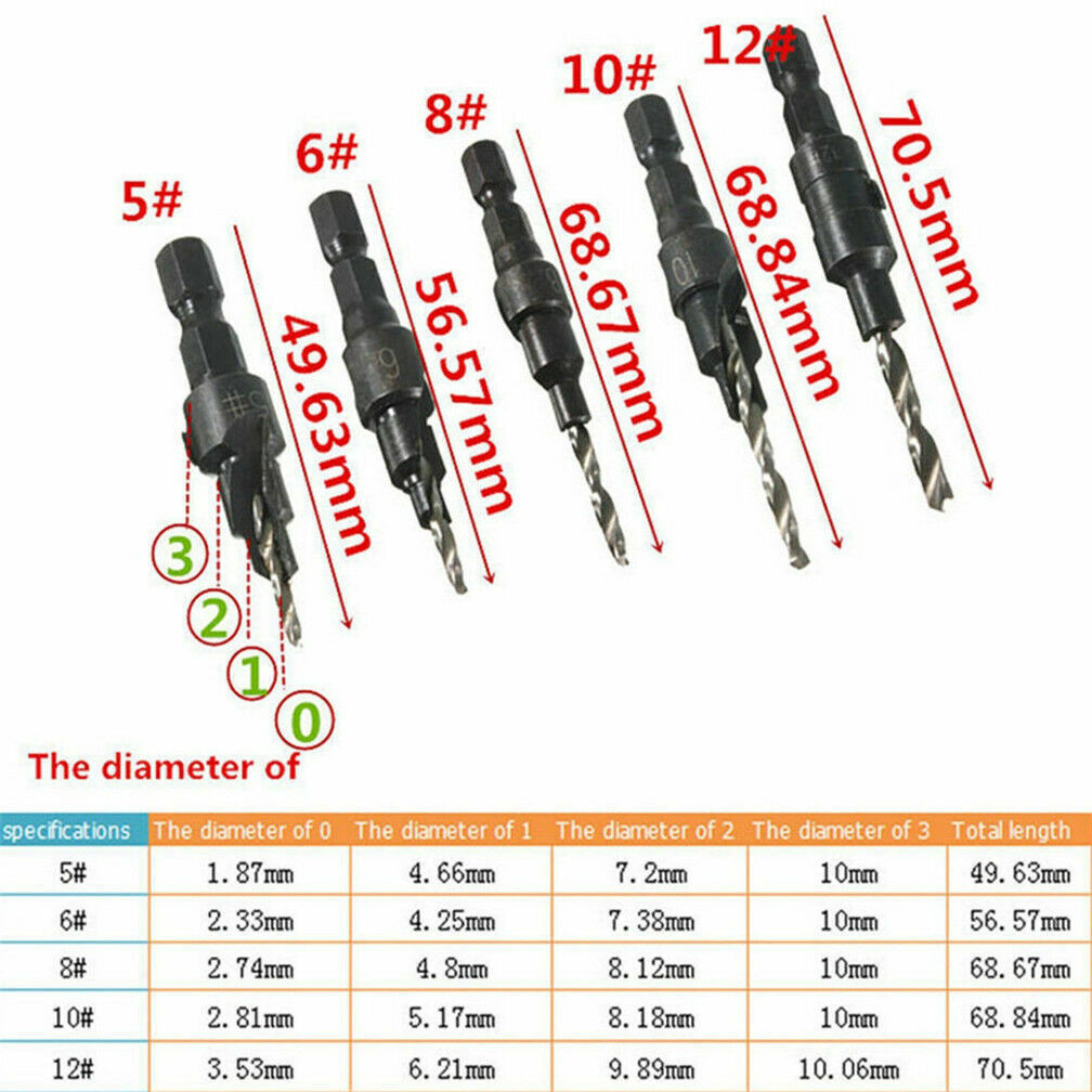 6PCS HSS Countersink Drill Bit Set Hex Shank Woodworking Pilot Screw Holes